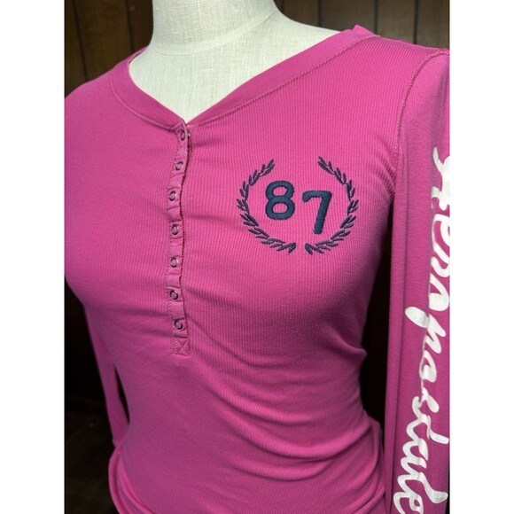 Y2K Aéropostale Pink Long Sleeve Henley Preppy Ribbed Embroidered M GUC - Picture 3 of 7